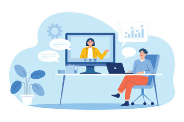 Man participating in a video conference with a woman presenting data and charts on a computer screen isolated on white background