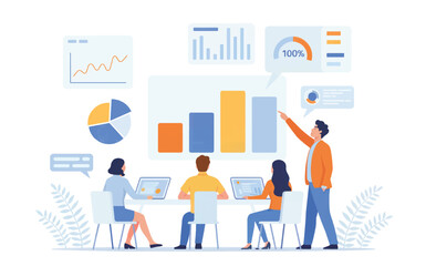 Diverse team collaborating on business strategy with data charts and analytics reports on a white background isolated on white background