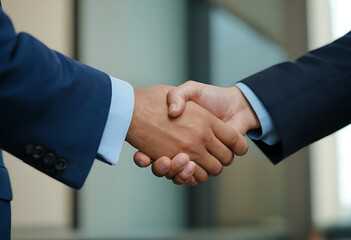 Business people, teamwork and shaking hands for meeting, collaboration, success or startup in office workspace. Professional clients or b2b worker with handshake for thank you