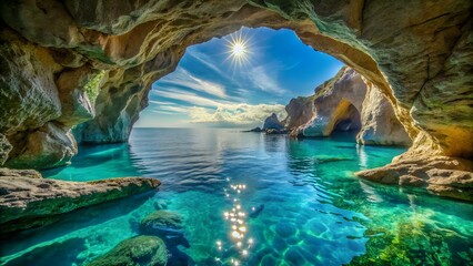 Sunlight streams into a sea cave