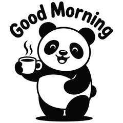 Kawaii silhouette of panda holding steaming coffee cup with cheerful smile on clean white background
