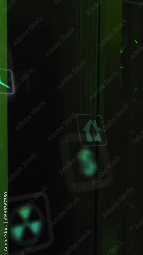 Poster animation of eco icons and data processing over computer servers