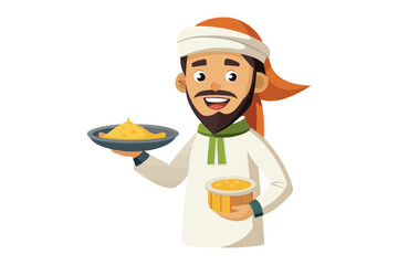 Golden Treat Offering: A cultural figure, embodying hospitality, presents golden treats on a tray and in hand, a symbol of generosity and welcome.