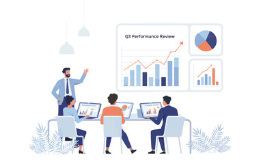Business team collaborates on q3 performance review with charts and graphs on laptops and screen isolated on white background