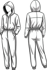 Women’s Hooded Jumpsuit Flat Fashion Technical Drawing, Front and Back View, Vector Template with Zipper, Elastic Waist, Activewear Loungewear One-Piece Apparel Design.