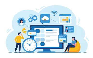 Diverse team collaborating on digital projects using technology and cloud services with a clock symbolizing time management isolated on white background