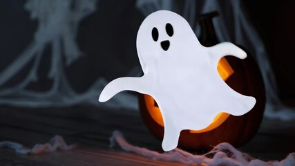 halloween background with pumpkin and white ghost. animation background with looping time lapse with very smooth graphics