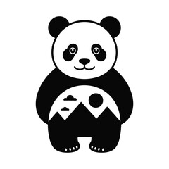 Kawaii silhouette of panda with mountain double exposure design on black and white isolated background