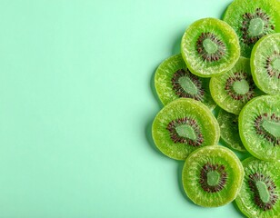 Bright dried kiwi slices with visible seeds — vibrant, tangy superfruit snack perfect for colorful food packaging, clean branding, and plant-based snack visuals