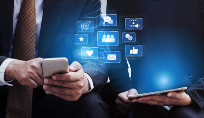 Icons representing social media interaction, communication, and engagement. Social media builds community, social media drives connection, and social media influences behavior. Vouch