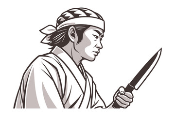 Focused Chef with Knife: A determined chef, clad in traditional attire, intently examines a sharp knife, embodying precision and culinary expertise.