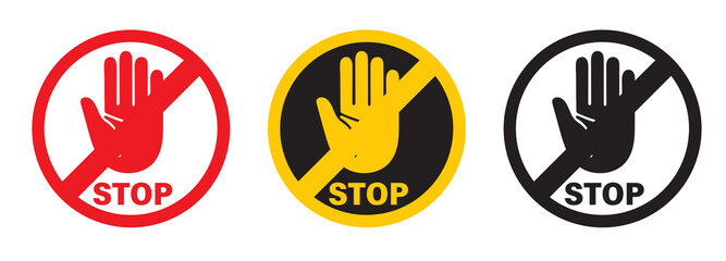 Set of warning and stop signs including hand, exclamation mark, and no entry symbols. Ideal for road safety, caution, and traffic-related design or illustration. Stop, ban, icons, symbol,  png