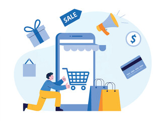 Happy person pushing a shopping cart on a smartphone screen promoting online sales with shopping bags and gift isolated on white background