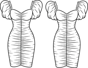 Off Shoulder Ruched Bodycon Dress Flat Fashion Technical Drawing, Front and Back View, Vector Template for Stylish Women’s Evening Partywear Clothing Design Illustration.