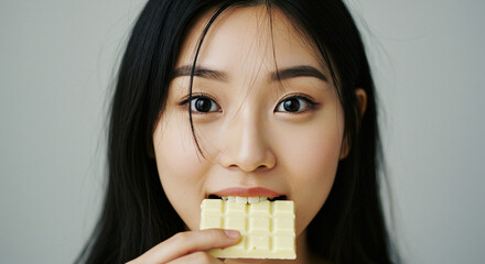 Portrait of a Smiling Asian Woman Enjoying White Chocolate, Close-Up Studio Shot on Neutral Background, Food Indulgence
