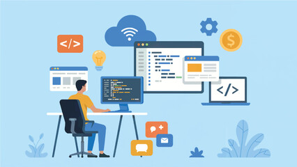 Programmer working on computer with cloud computing coding finance and communication icons isolated on white background