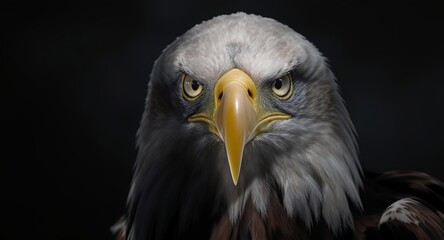 Close-up portrait of a bald eagle with a sturdy yellow beak and sharp eyes