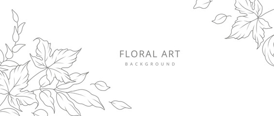 Autumn floral background with minimalistic branches and leaves in line art style. Hand drawn botanical elements. Frame with maple leaves. Vector illustration