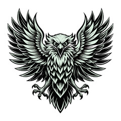 Fierce Tribal Eagle Vector Illustration – Aggressive Bird of Prey with Wings Spread Wide in Black and White