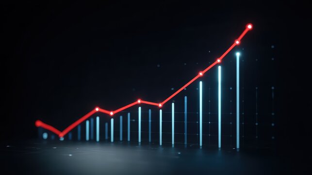 Modern Data Visualization with Red Line Graph and Blue Bars Representing Growth and Trends in a Dark Background