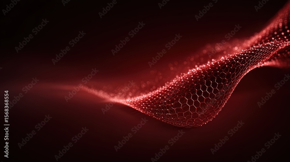 Poster abstract digital red background with glowing hexagonal grids and streaming data flows