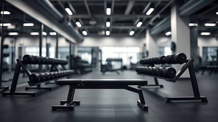 Fototapeta premium Minimalist gym setup featuring a weight bench and dumbbells, evoking a professional athletic environment.