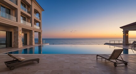 Obraz premium Sunset Serenity: Infinity Pool at a Luxurious Coastal Villa