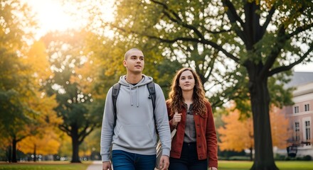 Fototapeta premium Autumn Walk A Couple Strolling Through a Beautiful College Campus Landscape