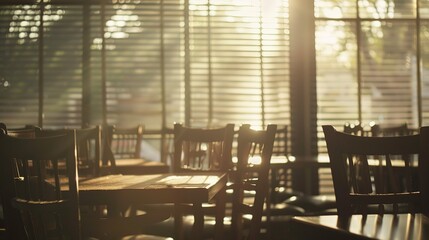 Obraz premium Empty restaurant interior with chairs stacked on tables, conveying quiet finality of closure. Abandoned cafe, business shutdown, last day of operation, deserted dining space concept.