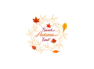 Autumnal design featuring fall leaves in orange and red hues arranged around a circular branch frame with the text Sweet Autumn Time.