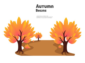 Autumn Begins Orange Trees, Fall Foliage, Nature Illustration