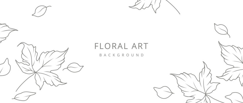 Autumn floral background with minimalistic branches and leaves in line art style. Hand drawn botanical elements. Frame with maple leaves. Vector illustration