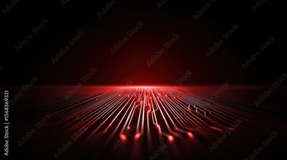 Poster high-tech red digital background with glowing circuit lines and dynamic light reflections