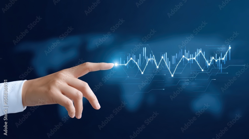 Poster hand reaching towards data visualization with graphs and charts against abstract background for busi