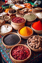 colorful spice assortments in baskets on a patterned cloth at a market