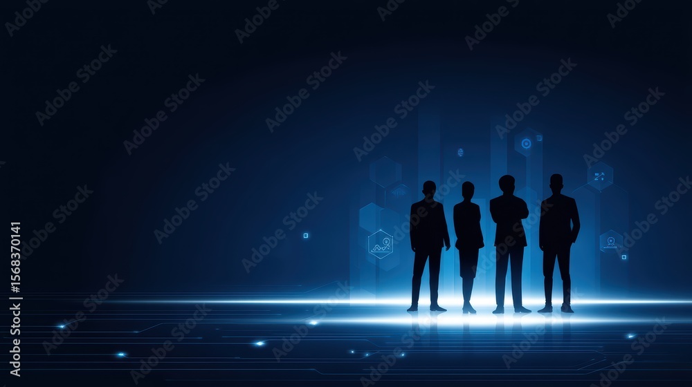 Poster silhouette of business professionals against a futuristic digital background with abstract data elem