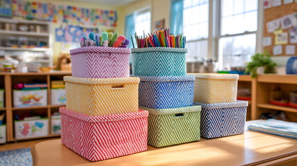 Colorful woven storage bins stacked in children classroom with art supplies