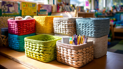Colorful woven storage bins stacked in children classroom with art supplies