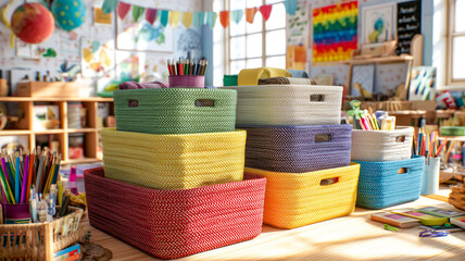 Colorful woven storage bins stacked in children classroom with art supplies