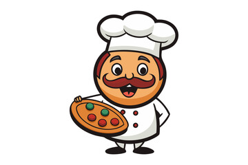 Chef Mascot Pizza: A cheerful cartoon chef proudly presents a delicious pizza, embodying culinary delight and restaurant branding.
