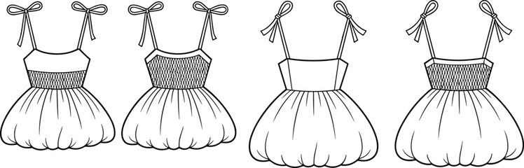 Baby doll dress vector, puff hem dress sketch, smocked bodice fashion flat, girls mini dress template, bow strap dress front back