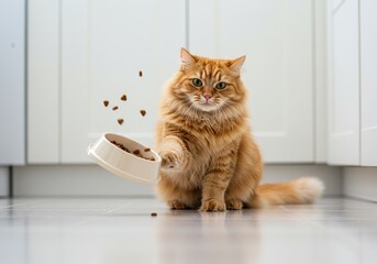 Demanding Dinner: Fluffy Ginger Cat Tipping Over Food Bowl.  Ideal for pet product advertising, social media content, veterinary resources, or any project related to cat care and lifestyle.
