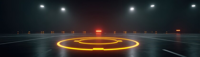 Futuristic Neon Parking Lot with Illuminated Ground Markings and Foggy Atmosphere at Night