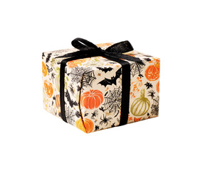 Festive halloween gift box wrapped in paper with pumpkins bats and spiders isolated on transparent background