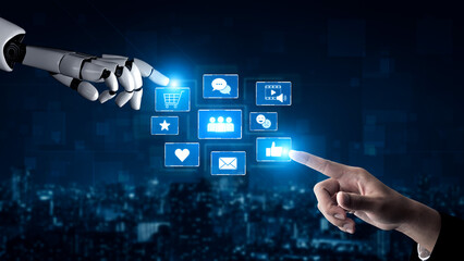 AI analyzing social media interaction, processing user responses, and generating insights from...