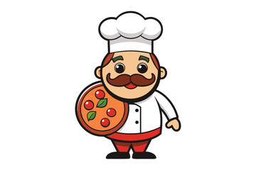 Chef Cartoon Mascot: A cheerful cartoon chef with a prominent mustache proudly presents a freshly-baked pizza, symbolizing culinary expertise and deliciousness.