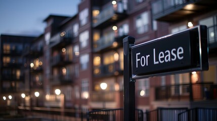 Obraz premium Modern apartment building with for lease sign in focus, urban real estate rental property and commercial space vacancy concept