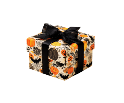 Festive halloween gift box with pumpkin bat and spider web patterns tied with black ribbon isolated on transparent background