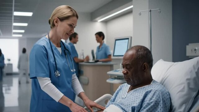Doctor discussing healthcare with a senior patient in a hospital, while a nurse and other medical people provide care