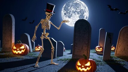 Halloween Day , Skeleton and Pumpkins in graveyard at full moon night , Holiday event halloween banner background concept - Powered by Adobe